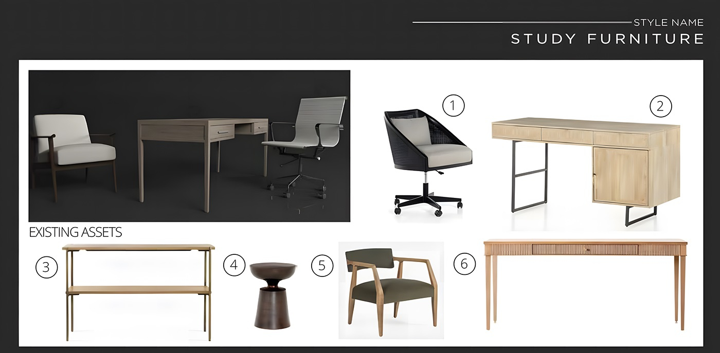 A Mood Board that specifying the furniture items they needed for furniture matching